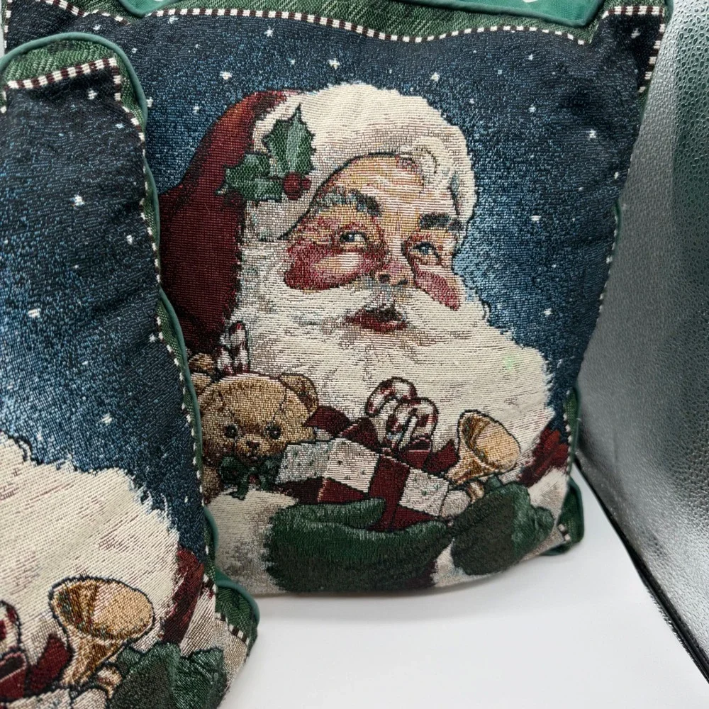 Vtg Christmas Tapestry Santa Claus Woven Throw Pillows Green Set 2 grandmacore